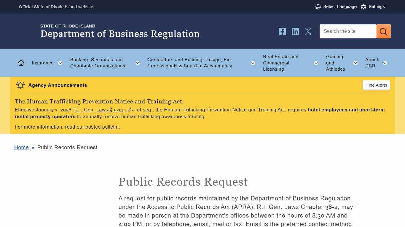 Public Records Request Dept. of Business Regulation