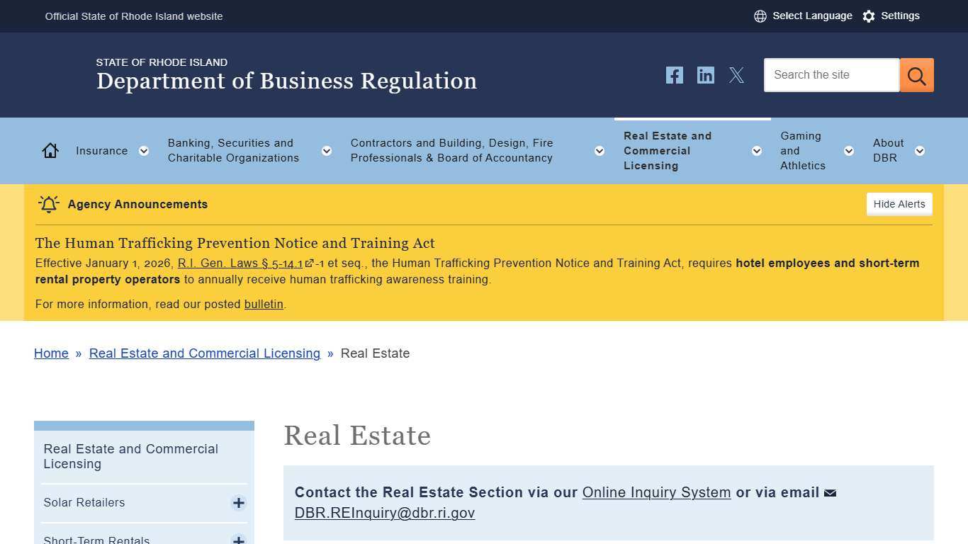 Real Estate Dept. of Business Regulation